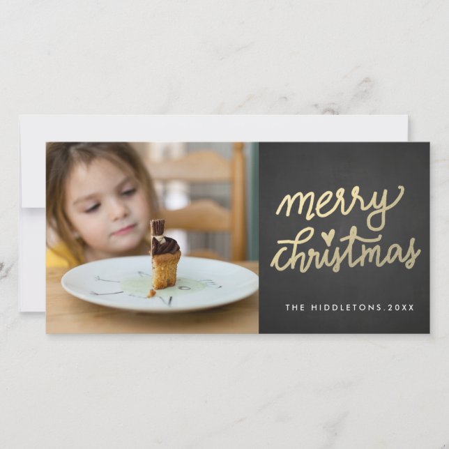 Modern Faux Gold Merry Christmas Handwritten Holiday Card (Front)