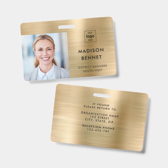 Modern Faux Gold Metallic Corporate Photo ID Badge (Front & Back)