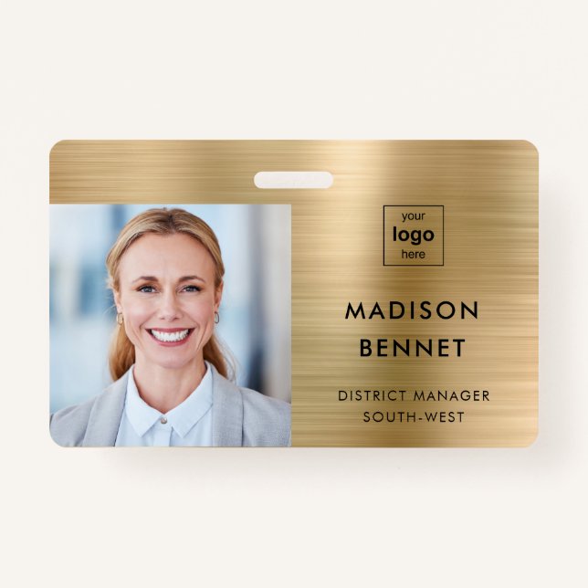 Modern Faux Gold Metallic Corporate Photo ID ID Badge (Front)