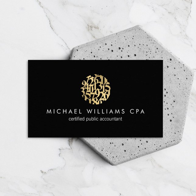 Modern Faux Gold Numbers Logo Accountant Black Business Card (Creator Uploaded)