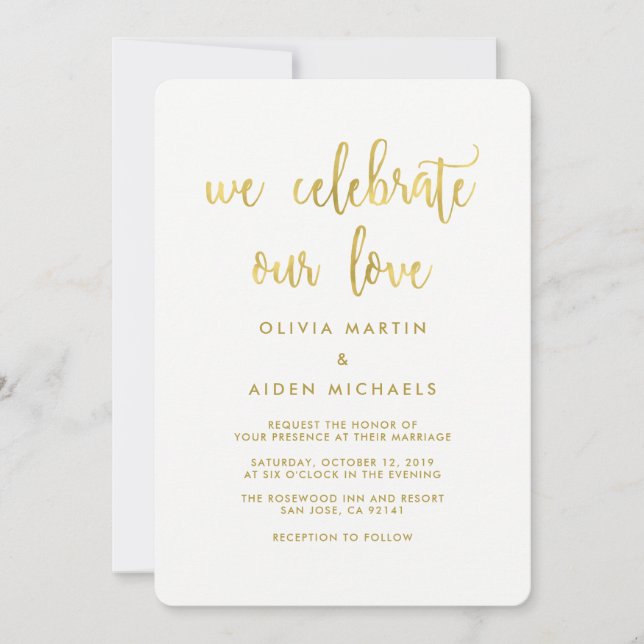 Modern Faux Gold on White Wedding Invitation (Front)