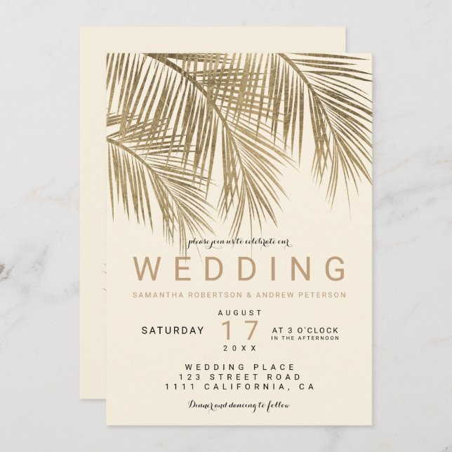 Modern faux gold palm tree elegant ivory wedding invitation (Front/Back)