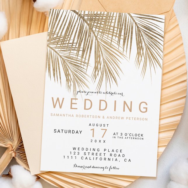 Modern faux gold palm tree elegant wedding invitation (Creator Uploaded)