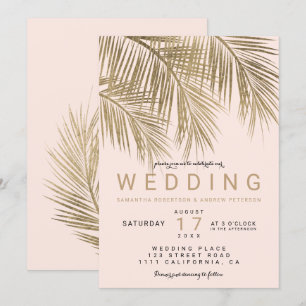 Modern faux gold palm tree elegant wedding pink invitation