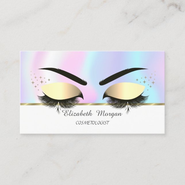 Modern Faux Gold Stripe,Lashes,Holographic Business Card (Front)
