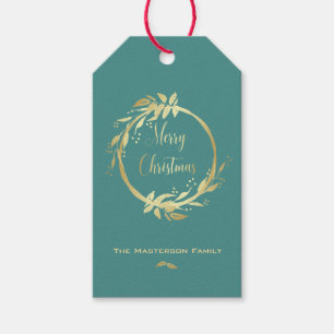 Modern Faux Gold Teal Merry Christmas Wreath Gift Tags