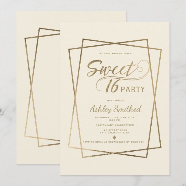 Modern faux gold typography ivory Sweet 16 Invitation (Front/Back)