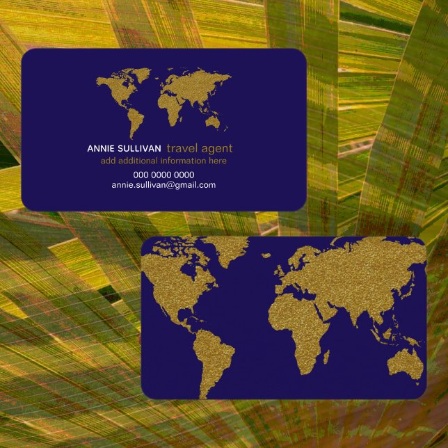 Modern Faux Gold World Map Blue Travel Agent Business Card (Creator Uploaded)