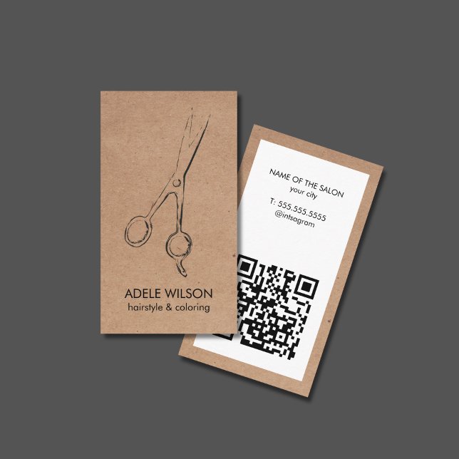 Modern Faux Kraft White QR Code Scissors Salon Business Card (Creator Uploaded)