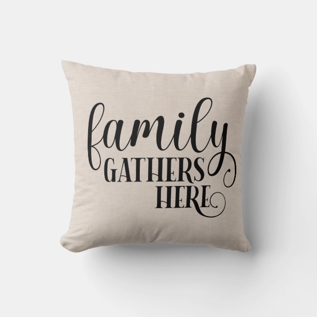 Modern Faux linen family gathers here quote Cushion (Front)