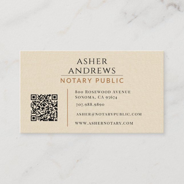 Modern Faux Linen Notary Public QR Code Business Card (Front)