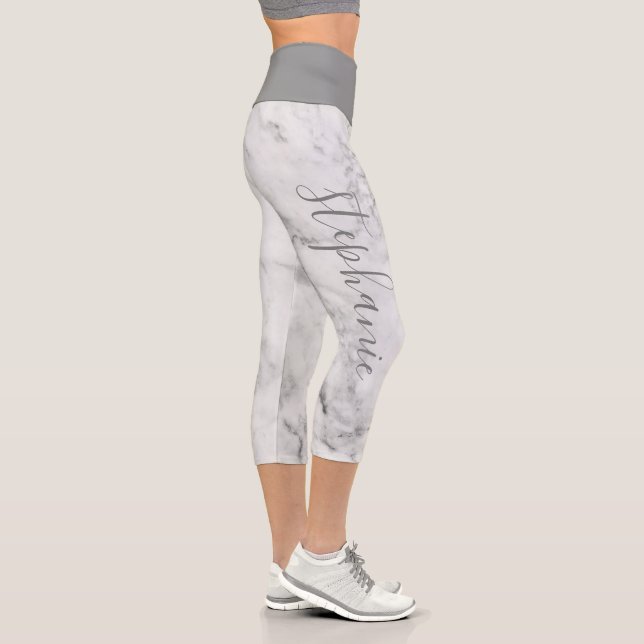 Modern faux Marble Pattern with Girly Script Name Capri Leggings (Right)