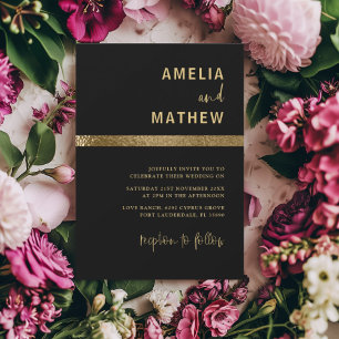 Modern Faux Metallic Gold & Black Wedding Invitation
