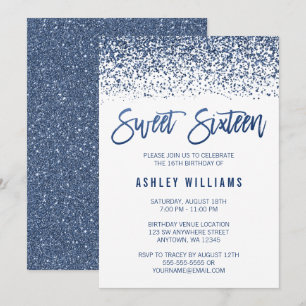 Modern Faux Navy Blue Glitter Sweet 16 Birthday Invitation
