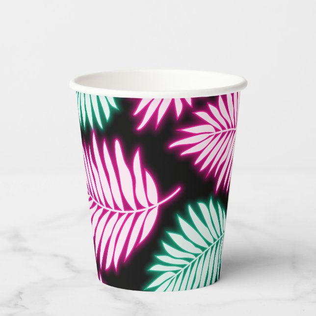 Modern Faux Neon Pink Green Tropcal Leaves Paper Cups (Back)