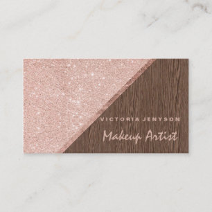 Modern faux pink glitter brown wood block Makeup Business Card