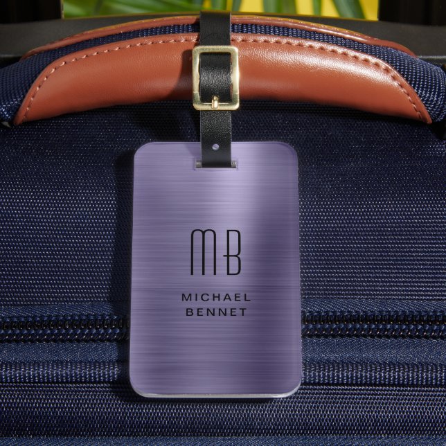Modern Faux Purple Metallic Monogram Luggage Tag (Front Insitu 2)