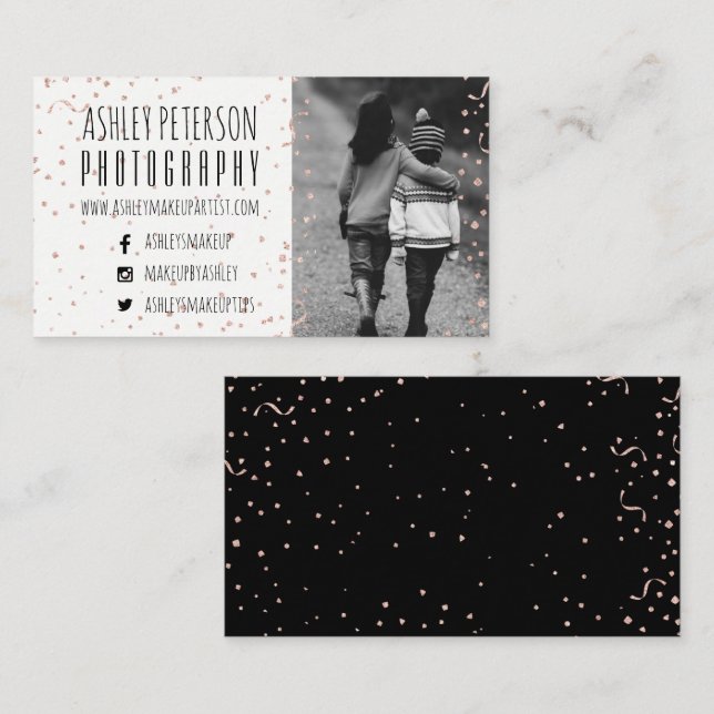Modern faux rose gold confetti photography business card (Front/Back)