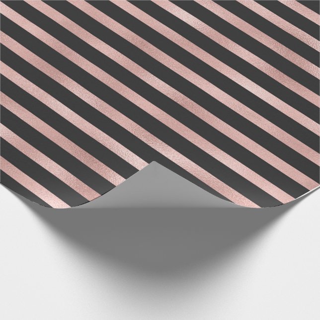 Modern Faux Rose Gold Foil & Black Stripes Wrapping Paper (Corner)