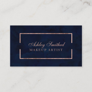 Modern faux rose gold frame navy watercolor makeup business card