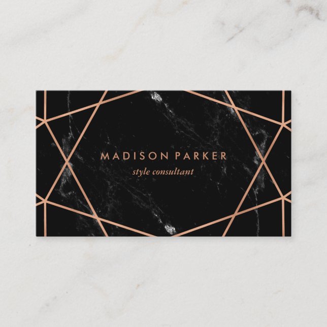 Modern Faux Rose Gold Geometric on Black Marble Business Card (Front)