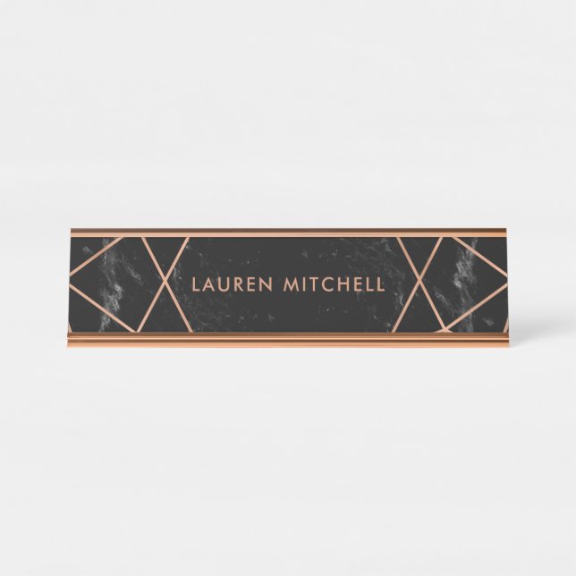 Modern Faux Rose Gold Geometric on Black Marble Desk Name Plate (Front)