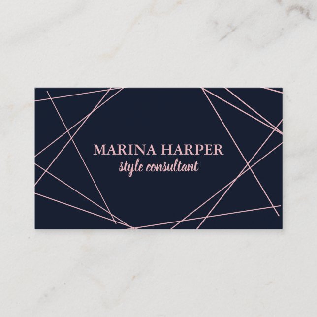 Modern Faux Rose Gold Geometric on Navy Blue Business Card (Front)