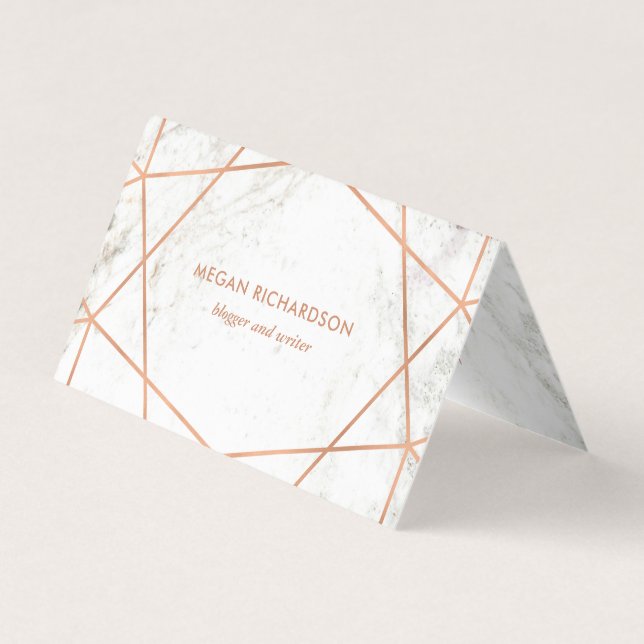 Modern Faux Rose Gold Geometric on White Marble Business Card (Front)
