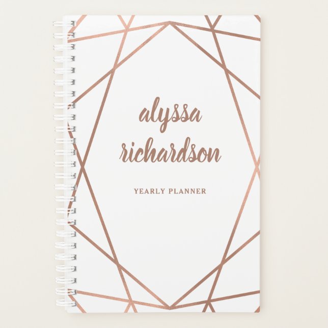 Modern Faux Rose Gold Geometric on White Planner (Front)