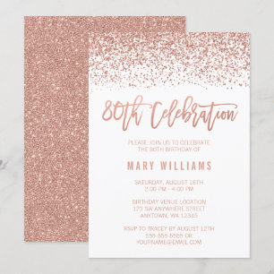 Modern Faux Rose Gold Glitter 80th Birthday Invitation