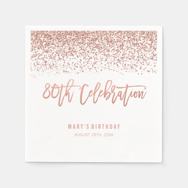 Modern Faux Rose Gold Glitter 80th Birthday Napkin (Front)