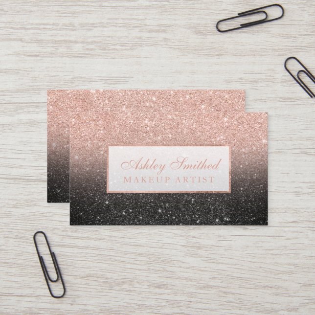 Modern faux rose gold glitter black chic makeup business card (Front/Back In Situ)