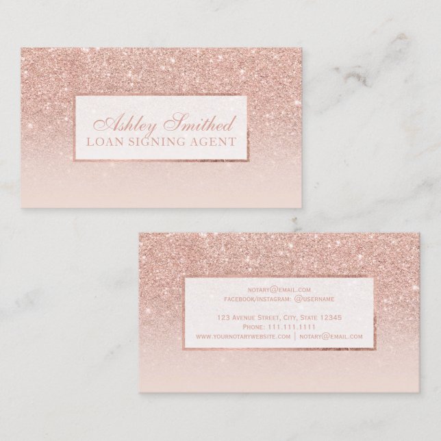 Modern faux rose gold glitter blush ombre notary business card (Front/Back)