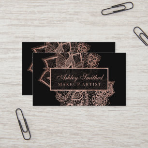 Modern faux rose gold glitter floral lace makeup business card