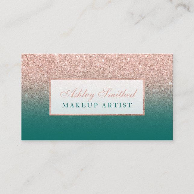 Modern faux rose gold glitter green ombre makeup business card (Front)