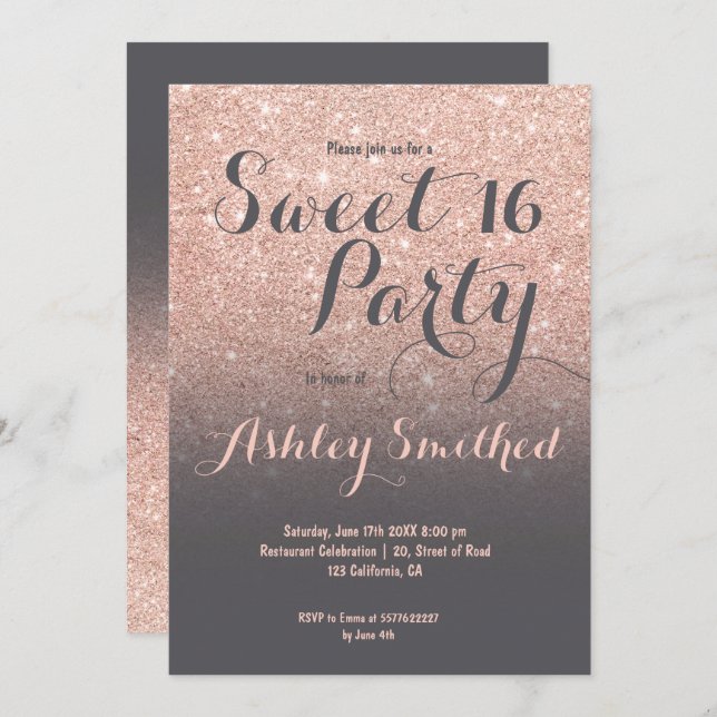 Modern faux rose gold glitter grey Sweet 16 Invitation (Front/Back)