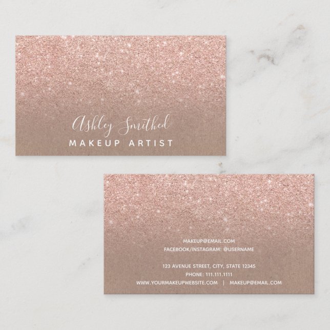 Modern faux rose gold glitter kraft makeup business card (Front/Back)
