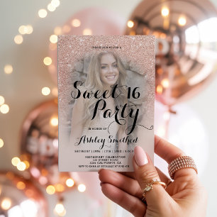Modern faux rose gold glitter ombre photo Sweet 16 Invitation