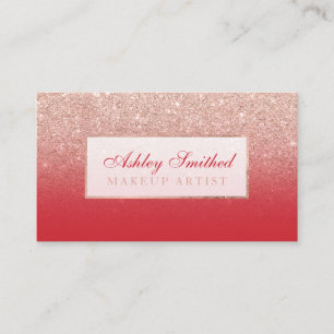 Modern faux rose gold glitter red ombre makeup business card
