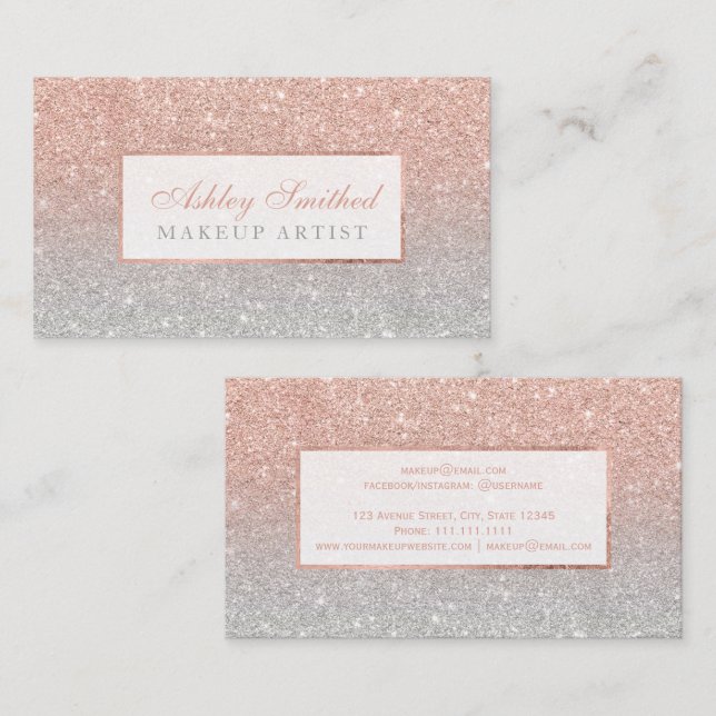 Modern faux rose gold glitter silver ombre makeup business card (Front/Back)