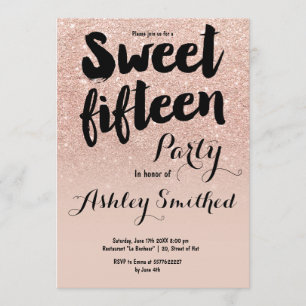 Modern faux rose gold glitter typography Sweet 15 Invitation