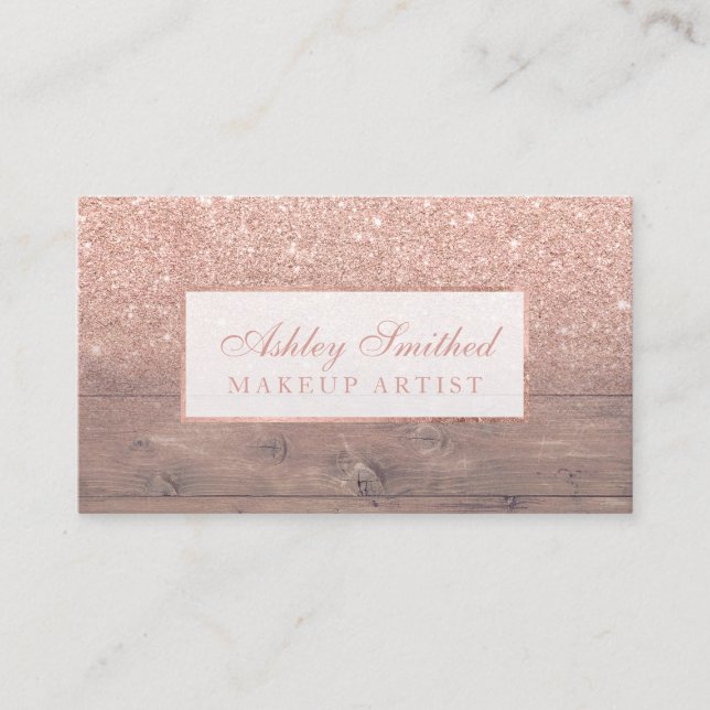 Modern faux rose gold glitter wood ombre makeup business card (Front)