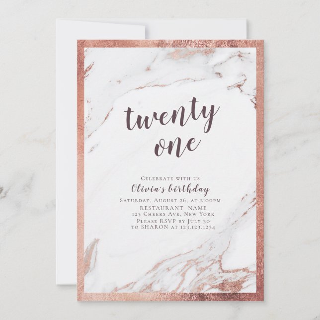 Modern faux rose gold marble 21st birthday party invitation (Front)