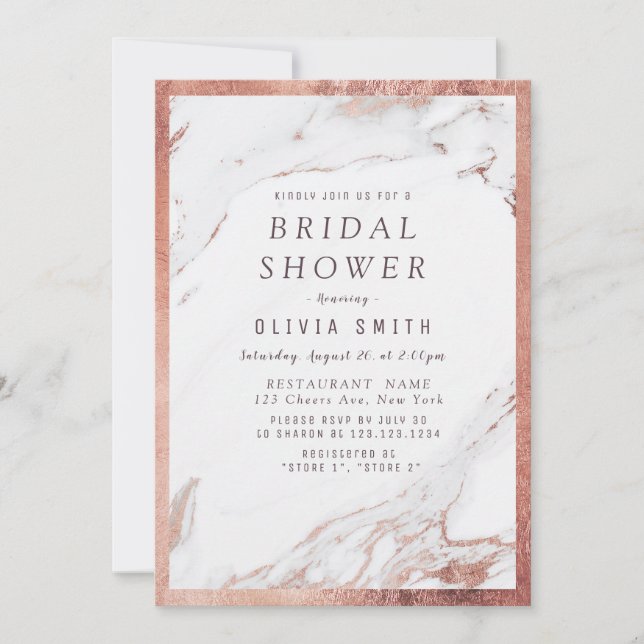 Modern faux rose gold marble bridal shower invitation (Front)