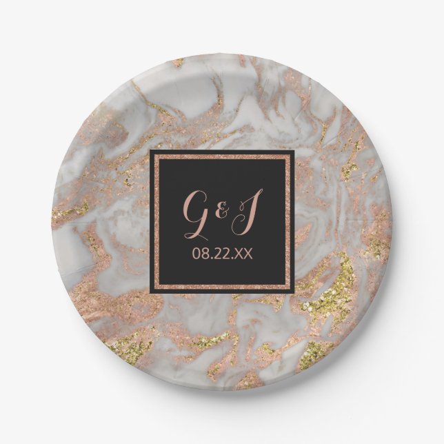 Modern Faux Rose Gold Marble Monogram Wedding Paper Plate (Front)