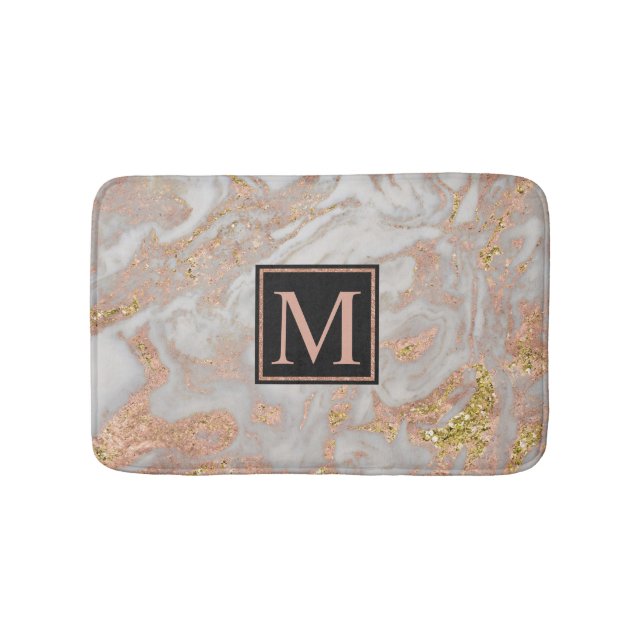 Modern Faux Rose Gold Marble Swirl Monogram Bath Mat (Front)