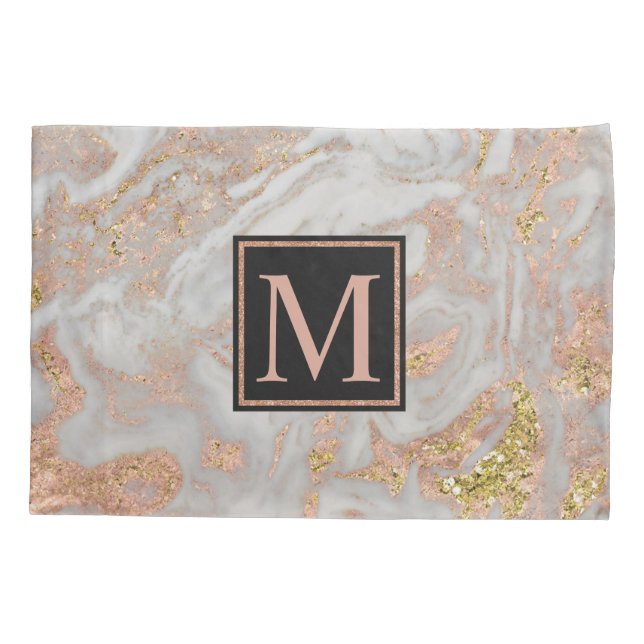 Modern Faux Rose Gold Marble Swirl Monogram Pillowcase (Back)