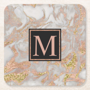 Modern Faux Rose Gold Marble Swirl Monogram Square Paper Coaster