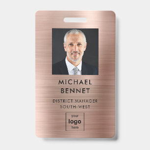 Modern Faux Rose Gold Metallic Corporate Photo ID Badge
