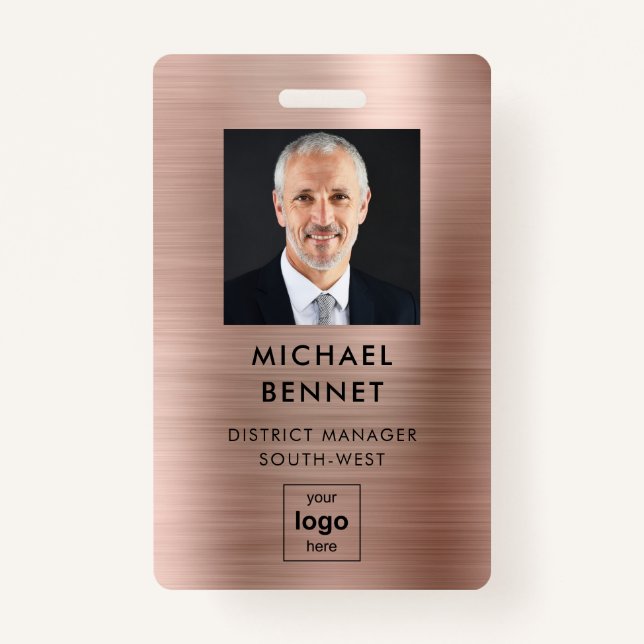 Modern Faux Rose Gold Metallic Corporate Photo ID ID Badge (Front)